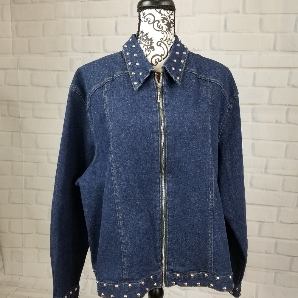 L A Blues zip front stretch studded jean jacket
